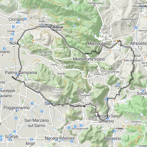 Map miniature of "Climbs and Views" cycling inspiration in Campania, Italy. Generated by Tarmacs.app cycling route planner
