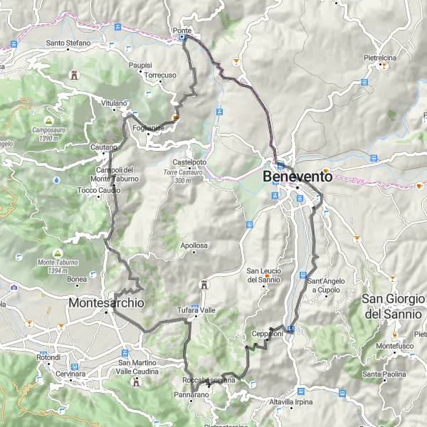 Miniatura della mappa di ispirazione al ciclismo "Giro panoramico intorno a Pannarano" nella regione di Campania, Italy. Generata da Tarmacs.app, pianificatore di rotte ciclistiche