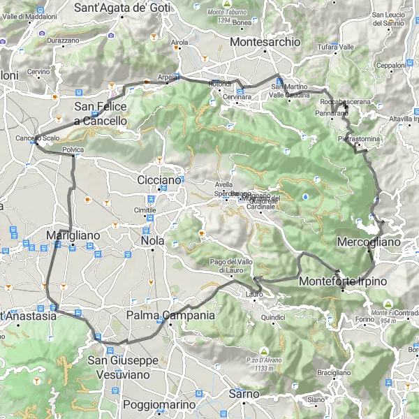 Map miniature of "Mountainous Majesty" cycling inspiration in Campania, Italy. Generated by Tarmacs.app cycling route planner