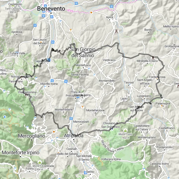 Miniatura della mappa di ispirazione al ciclismo "Giro ciclistico strada da Pannarano" nella regione di Campania, Italy. Generata da Tarmacs.app, pianificatore di rotte ciclistiche
