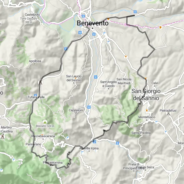 Miniatura della mappa di ispirazione al ciclismo "Tour strada panoramico da Pannarano" nella regione di Campania, Italy. Generata da Tarmacs.app, pianificatore di rotte ciclistiche
