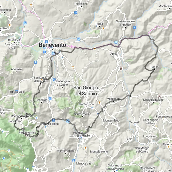 Miniatura della mappa di ispirazione al ciclismo "Itinerario stradale avvincente con partenza da Pannarano" nella regione di Campania, Italy. Generata da Tarmacs.app, pianificatore di rotte ciclistiche