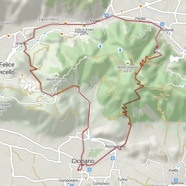 Miniatura della mappa di ispirazione al ciclismo "Gravel Road to Arienzo" nella regione di Campania, Italy. Generata da Tarmacs.app, pianificatore di rotte ciclistiche
