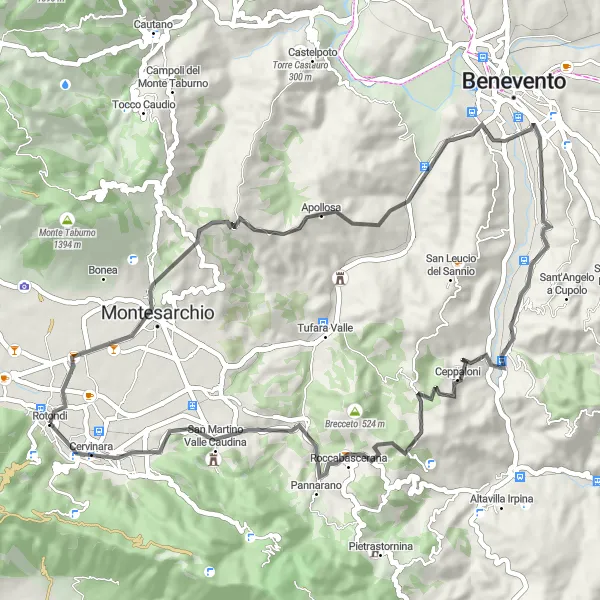 Map miniature of "Monte Mauro and Ceppaloni Loop" cycling inspiration in Campania, Italy. Generated by Tarmacs.app cycling route planner