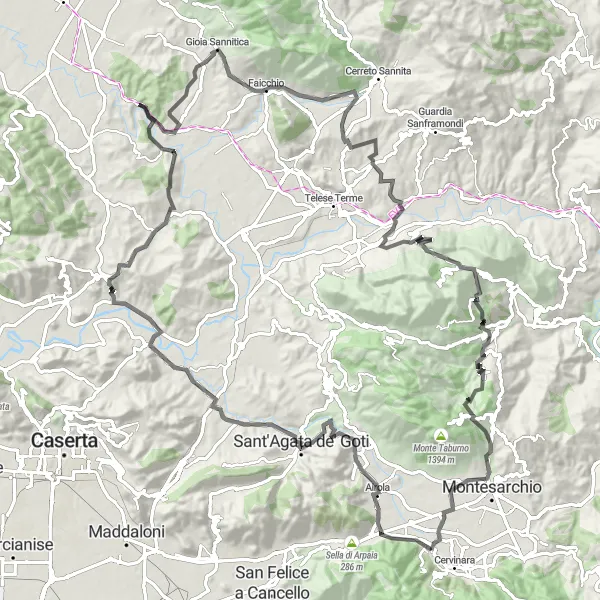 Map miniature of "Sant'Agata de' Goti and Monte Pizzuto Circuit" cycling inspiration in Campania, Italy. Generated by Tarmacs.app cycling route planner