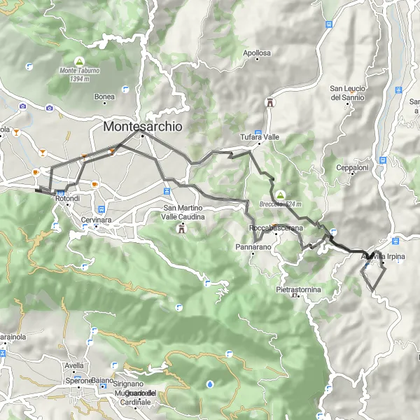Miniatura della mappa di ispirazione al ciclismo "Giro Panoramico attraverso Cornice e Brecceto" nella regione di Campania, Italy. Generata da Tarmacs.app, pianificatore di rotte ciclistiche