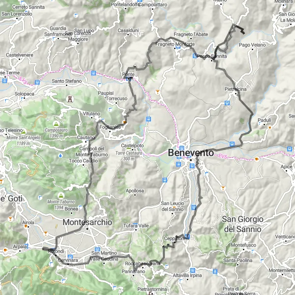 Map miniature of "The Mountainous Adventure" cycling inspiration in Campania, Italy. Generated by Tarmacs.app cycling route planner