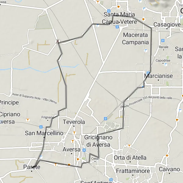 Miniatura della mappa di ispirazione al ciclismo "Giro in bicicletta tra Parete e Lusciano" nella regione di Campania, Italy. Generata da Tarmacs.app, pianificatore di rotte ciclistiche