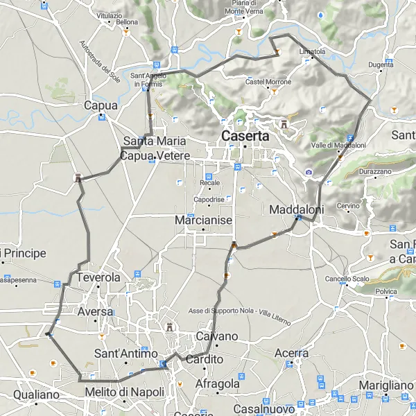 Miniatura della mappa di ispirazione al ciclismo "Giro in bicicletta tra San Tammaro e Giugliano in Campania" nella regione di Campania, Italy. Generata da Tarmacs.app, pianificatore di rotte ciclistiche