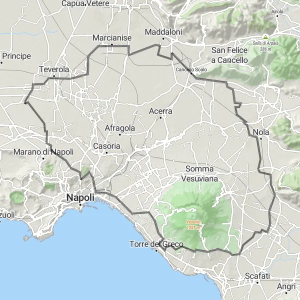 Miniatura della mappa di ispirazione al ciclismo "Avventurosa pedalata da Teverola a Belvedere" nella regione di Campania, Italy. Generata da Tarmacs.app, pianificatore di rotte ciclistiche