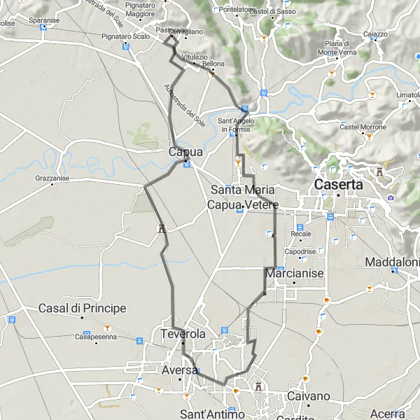 Map miniature of "Ancient Caserta: An Architectural and Cultural Journey" cycling inspiration in Campania, Italy. Generated by Tarmacs.app cycling route planner