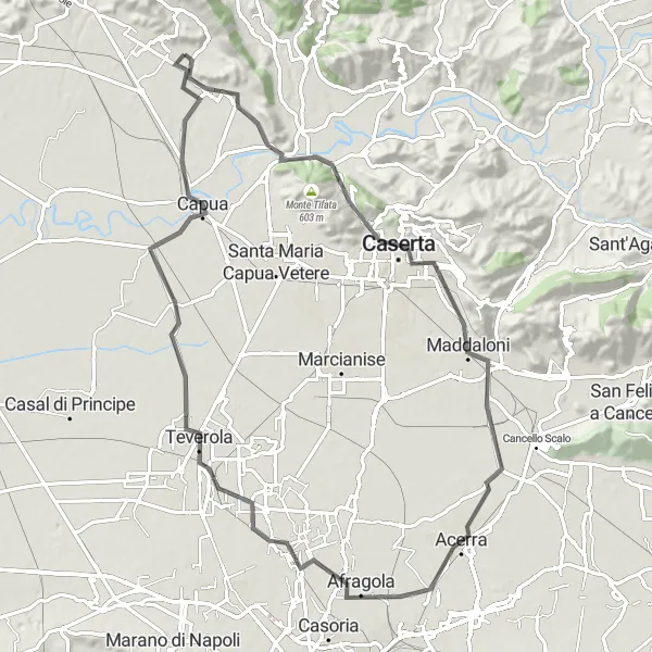 Miniatura della mappa di ispirazione al ciclismo "Cicloturismo da Pastorano ad Afragola attraverso Vitulazio, Monte San Leucio e Acerra" nella regione di Campania, Italy. Generata da Tarmacs.app, pianificatore di rotte ciclistiche