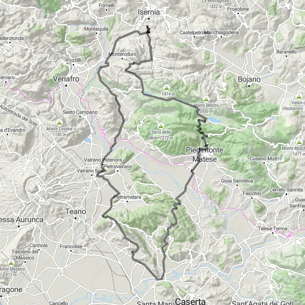 Map miniature of "Glorious Mountain Rides near Pastorano" cycling inspiration in Campania, Italy. Generated by Tarmacs.app cycling route planner