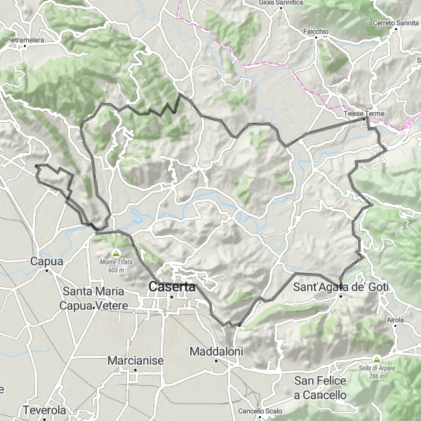 Miniatura della mappa di ispirazione al ciclismo "Giro in bici da Pastorano attraverso montagne e città" nella regione di Campania, Italy. Generata da Tarmacs.app, pianificatore di rotte ciclistiche