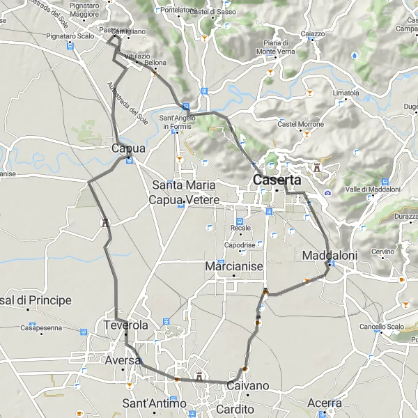 Miniatura della mappa di ispirazione al ciclismo "Esplorazione in bicicletta tra Vitulazio e Capua" nella regione di Campania, Italy. Generata da Tarmacs.app, pianificatore di rotte ciclistiche