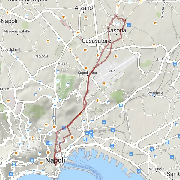 Miniatura della mappa di ispirazione al ciclismo "Giro in Gravel tra Pendino e Napoli" nella regione di Campania, Italy. Generata da Tarmacs.app, pianificatore di rotte ciclistiche