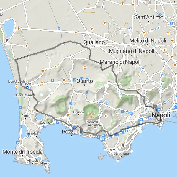 Miniatura della mappa di ispirazione al ciclismo "Giro in Strada attraverso Varcaturo" nella regione di Campania, Italy. Generata da Tarmacs.app, pianificatore di rotte ciclistiche