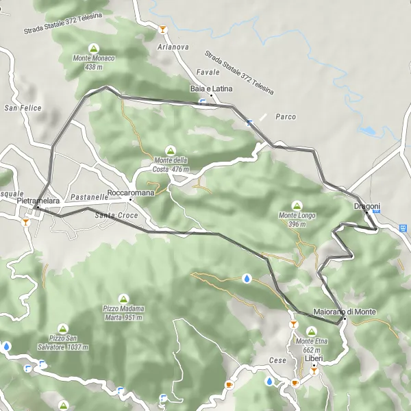 Map miniature of "Loop through Pietramelara, Monte Costa Pelata, Maiorano di Monte, Monte Etna, Monte Melito, and Roccaromana" cycling inspiration in Campania, Italy. Generated by Tarmacs.app cycling route planner