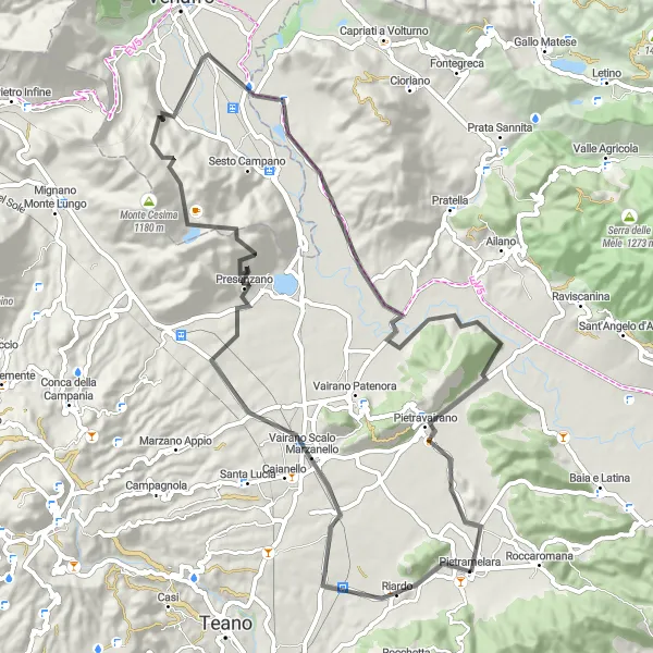 Miniatura della mappa di ispirazione al ciclismo "Giro in bicicletta da Pietramelara a Monte Fosco" nella regione di Campania, Italy. Generata da Tarmacs.app, pianificatore di rotte ciclistiche