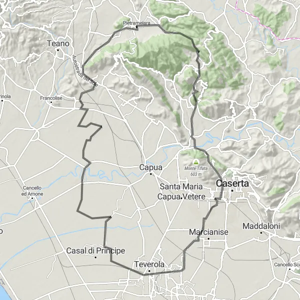 Miniatura della mappa di ispirazione al ciclismo "Tesori nascosti tra le colline campane" nella regione di Campania, Italy. Generata da Tarmacs.app, pianificatore di rotte ciclistiche
