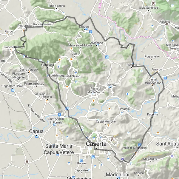 Miniatura della mappa di ispirazione al ciclismo "Il Giro dei Monti del Casertano" nella regione di Campania, Italy. Generata da Tarmacs.app, pianificatore di rotte ciclistiche