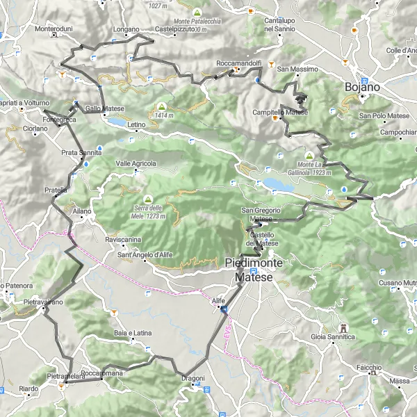 Miniatura della mappa di ispirazione al ciclismo "Epica sfida ciclistica da Monte Fosco a Monte Cila" nella regione di Campania, Italy. Generata da Tarmacs.app, pianificatore di rotte ciclistiche
