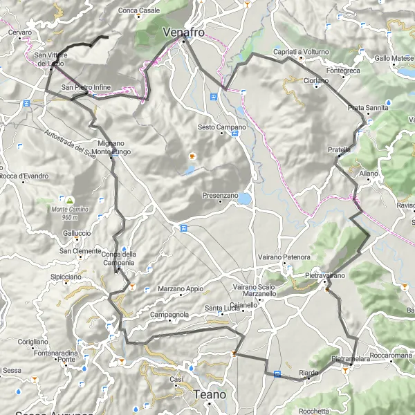 Map miniature of "Pietramelara to Monte Fosco" cycling inspiration in Campania, Italy. Generated by Tarmacs.app cycling route planner