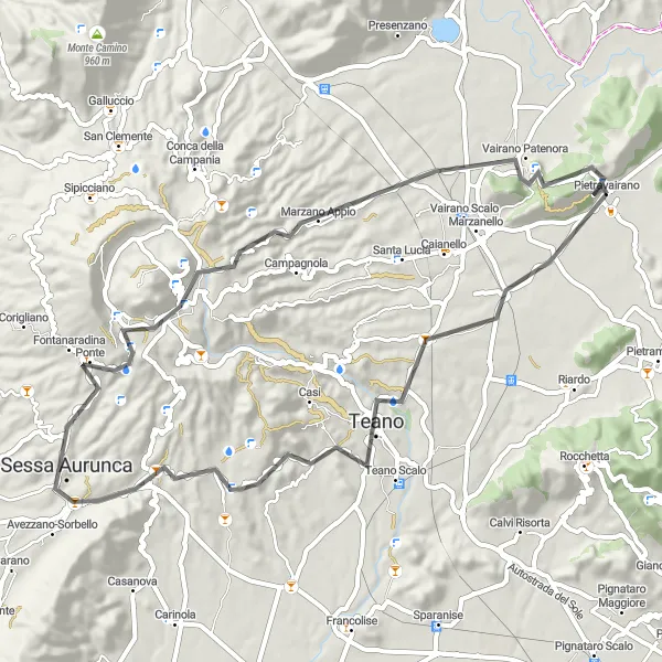 Miniatura della mappa di ispirazione al ciclismo "Giro in bicicletta da Pietravairano a Teano" nella regione di Campania, Italy. Generata da Tarmacs.app, pianificatore di rotte ciclistiche