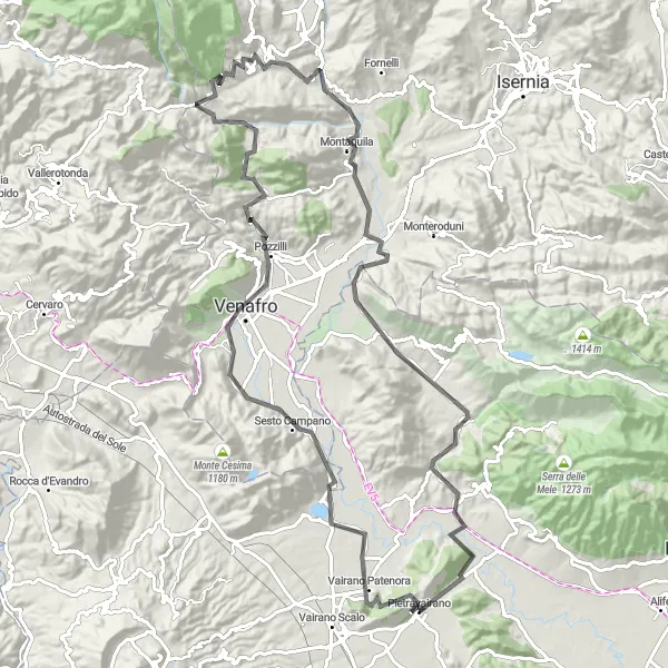 Miniatura della mappa di ispirazione al ciclismo "Scoperta delle Montagne Campane in Bicicletta" nella regione di Campania, Italy. Generata da Tarmacs.app, pianificatore di rotte ciclistiche