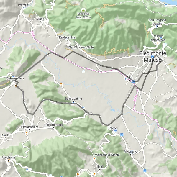 Miniatura della mappa di ispirazione al ciclismo "Scoperta in bicicletta di Baia e Latina da Pietravairano" nella regione di Campania, Italy. Generata da Tarmacs.app, pianificatore di rotte ciclistiche