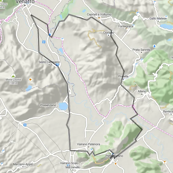 Miniatura della mappa di ispirazione al ciclismo "Itinerario attraverso Vairano Patenora" nella regione di Campania, Italy. Generata da Tarmacs.app, pianificatore di rotte ciclistiche