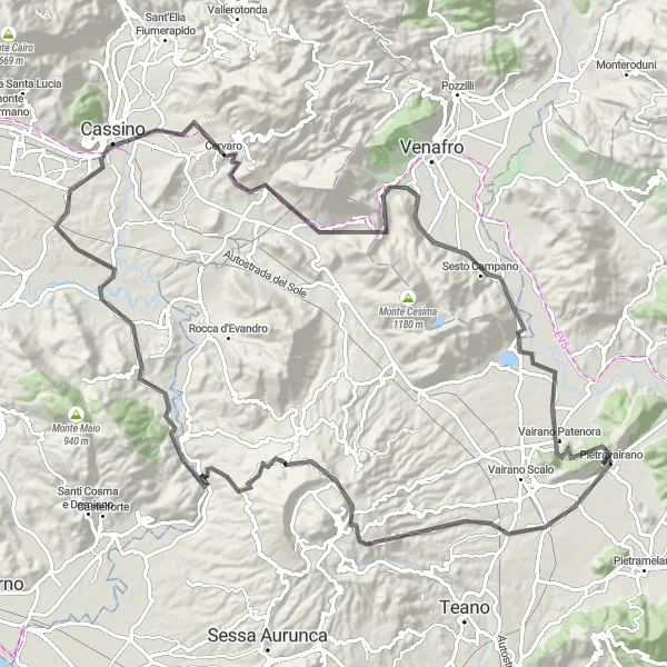 Miniatura della mappa di ispirazione al ciclismo "Cicloturismo tra Sant'Andrea del Garigliano e Cassino" nella regione di Campania, Italy. Generata da Tarmacs.app, pianificatore di rotte ciclistiche