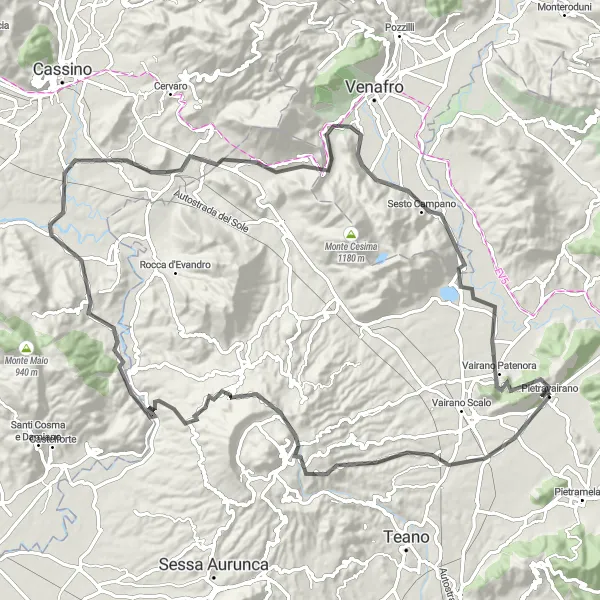 Miniatura della mappa di ispirazione al ciclismo "Pietravairano Road Cycling Adventure" nella regione di Campania, Italy. Generata da Tarmacs.app, pianificatore di rotte ciclistiche