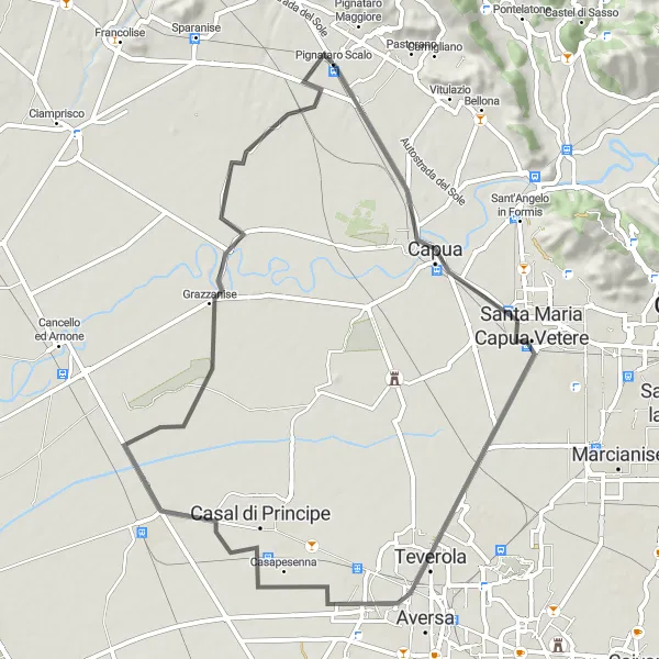 Miniatura della mappa di ispirazione al ciclismo "Il tour in bici tra Capua e Grazzanise" nella regione di Campania, Italy. Generata da Tarmacs.app, pianificatore di rotte ciclistiche