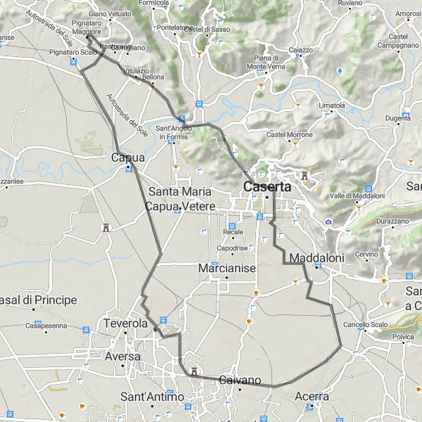 Map miniature of "Pass by Pastorano to Conquer Colle del Castellone" cycling inspiration in Campania, Italy. Generated by Tarmacs.app cycling route planner