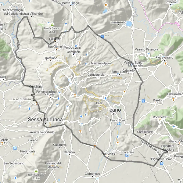 Map miniature of "The Mountain Escape" cycling inspiration in Campania, Italy. Generated by Tarmacs.app cycling route planner