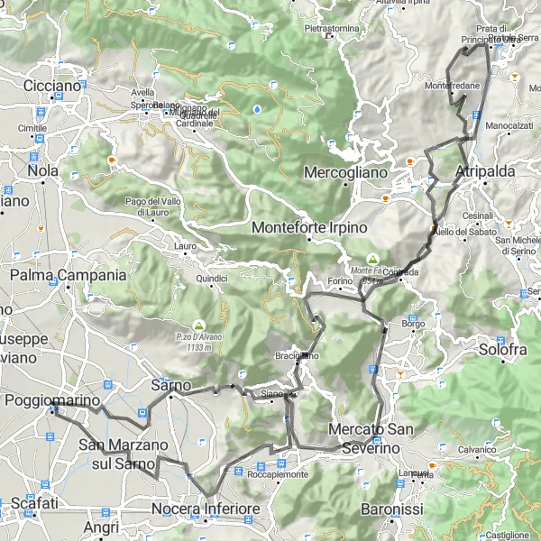 Map miniature of "The Monte Bufoni Challenge" cycling inspiration in Campania, Italy. Generated by Tarmacs.app cycling route planner