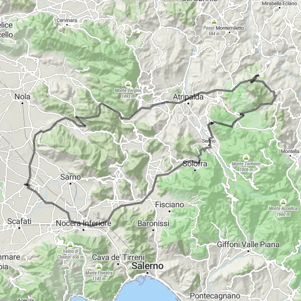 Map miniature of "The Ultimate Campania Challenge" cycling inspiration in Campania, Italy. Generated by Tarmacs.app cycling route planner