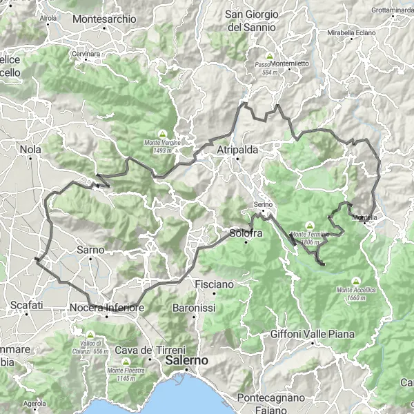 Map miniature of "Poggiomarino Loop: Exploring the Mountains and Hills of Campania" cycling inspiration in Campania, Italy. Generated by Tarmacs.app cycling route planner