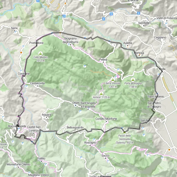 Map miniature of "Tanagro Circuit" cycling inspiration in Campania, Italy. Generated by Tarmacs.app cycling route planner