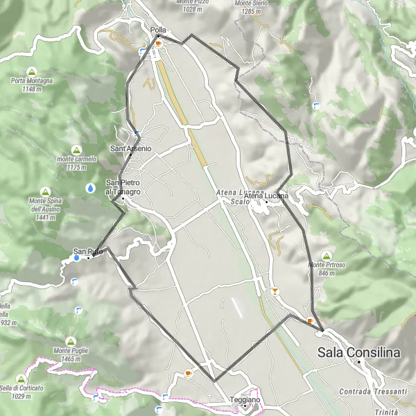 Miniatura della mappa di ispirazione al ciclismo "Giro in bicicletta da Polla a Atena Lucana e ritorno" nella regione di Campania, Italy. Generata da Tarmacs.app, pianificatore di rotte ciclistiche