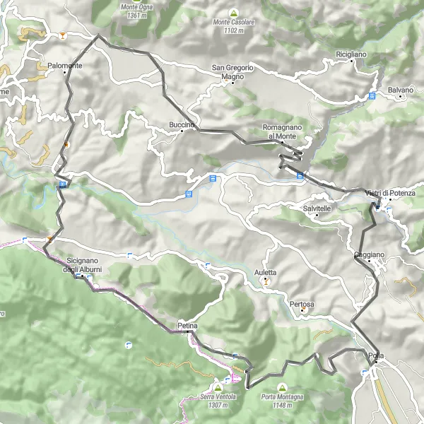 Miniatura della mappa di ispirazione al ciclismo "Giro in bicicletta da Polla a Porta Montagna e ritorno" nella regione di Campania, Italy. Generata da Tarmacs.app, pianificatore di rotte ciclistiche