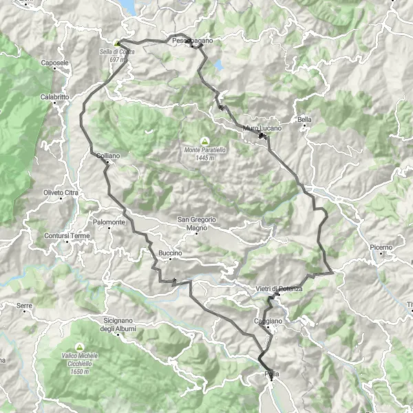 Miniatura della mappa di ispirazione al ciclismo "Giro dei Monti del Vallo di Diano" nella regione di Campania, Italy. Generata da Tarmacs.app, pianificatore di rotte ciclistiche