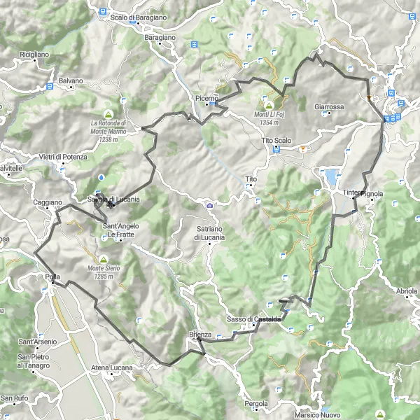 Miniatura della mappa di ispirazione al ciclismo "Giro in bicicletta da Polla a Capo la Serra e ritorno" nella regione di Campania, Italy. Generata da Tarmacs.app, pianificatore di rotte ciclistiche