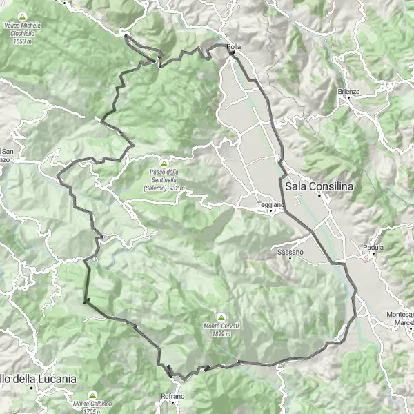 Miniatura della mappa di ispirazione al ciclismo "Circuito della Valle del Tanagro" nella regione di Campania, Italy. Generata da Tarmacs.app, pianificatore di rotte ciclistiche