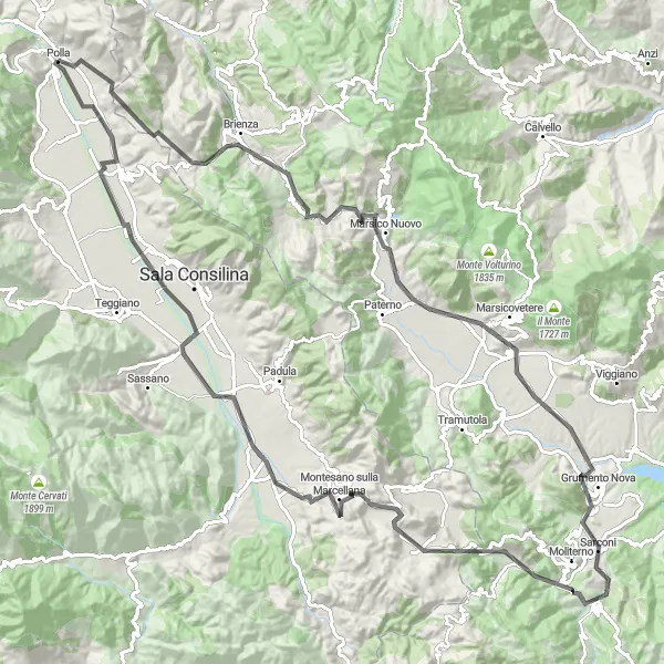 Map miniature of "Polla - Monte San Gennaro - Marsico Nuovo - Grumento Nova - Polla" cycling inspiration in Campania, Italy. Generated by Tarmacs.app cycling route planner
