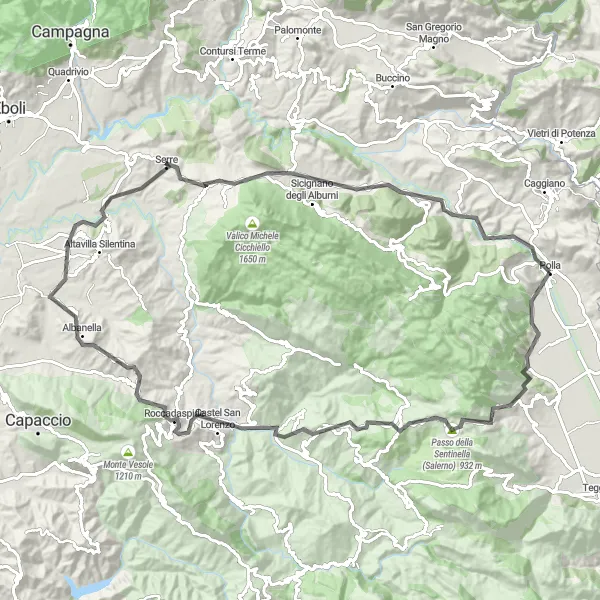 Map miniature of "Polla - San Pietro al Tanagro - Bellosguardo - Albanella - Auletta - Polla" cycling inspiration in Campania, Italy. Generated by Tarmacs.app cycling route planner
