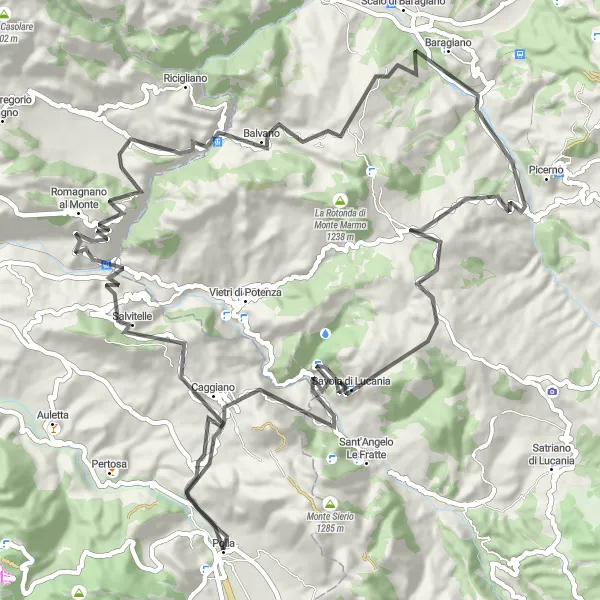 Miniatura della mappa di ispirazione al ciclismo "Tour delle Cime Lucane" nella regione di Campania, Italy. Generata da Tarmacs.app, pianificatore di rotte ciclistiche