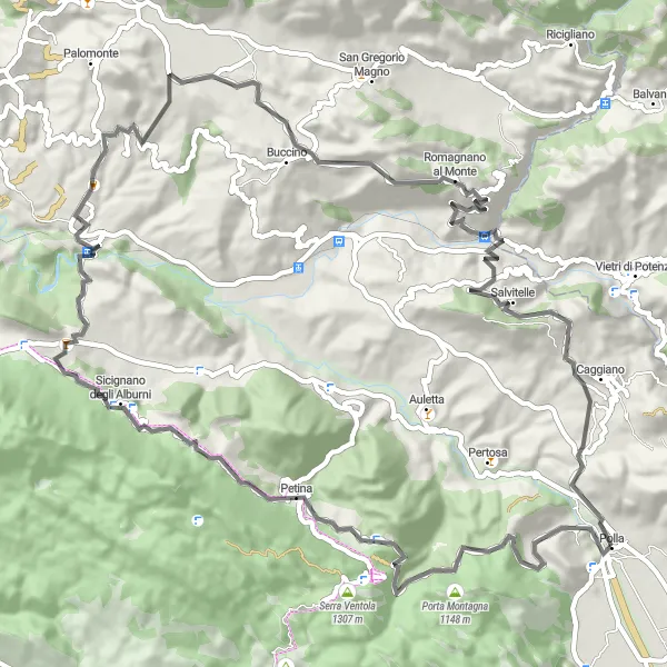 Miniatura della mappa di ispirazione al ciclismo "Giro dei Monti Alburni" nella regione di Campania, Italy. Generata da Tarmacs.app, pianificatore di rotte ciclistiche