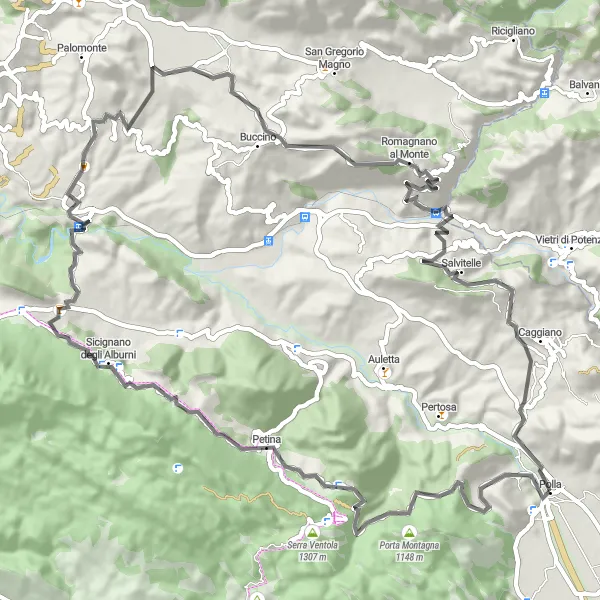 Map miniature of "Alburni Loop" cycling inspiration in Campania, Italy. Generated by Tarmacs.app cycling route planner